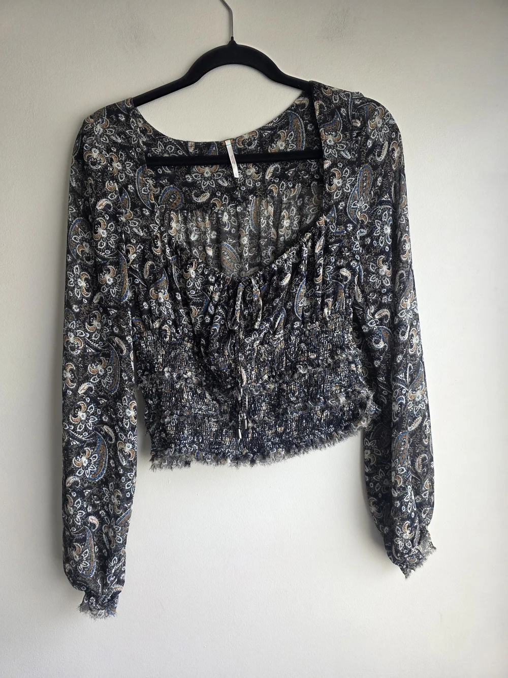 Free People Lolita Black Paisley Smocked Crop Blouse Top S Like New
